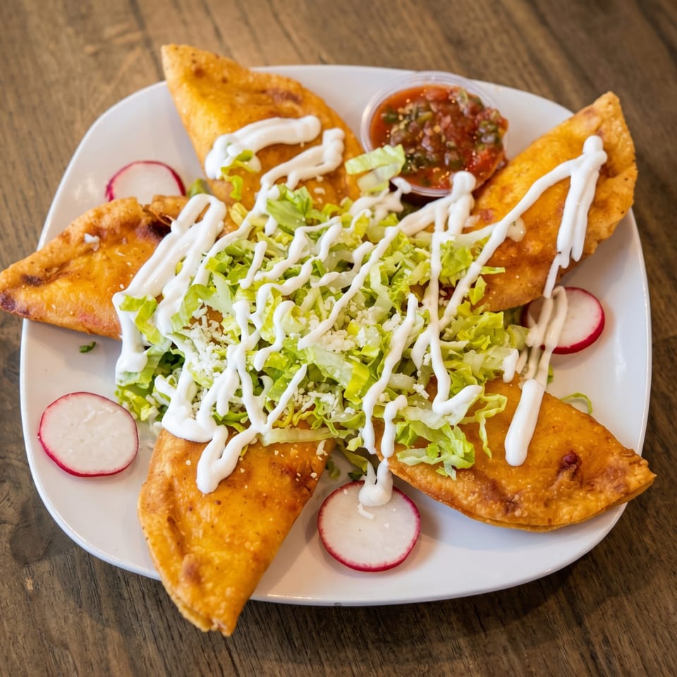 Four golden-fried quesadillas topped with shredded lettuce, sour cream, and radishes, served with salsa.