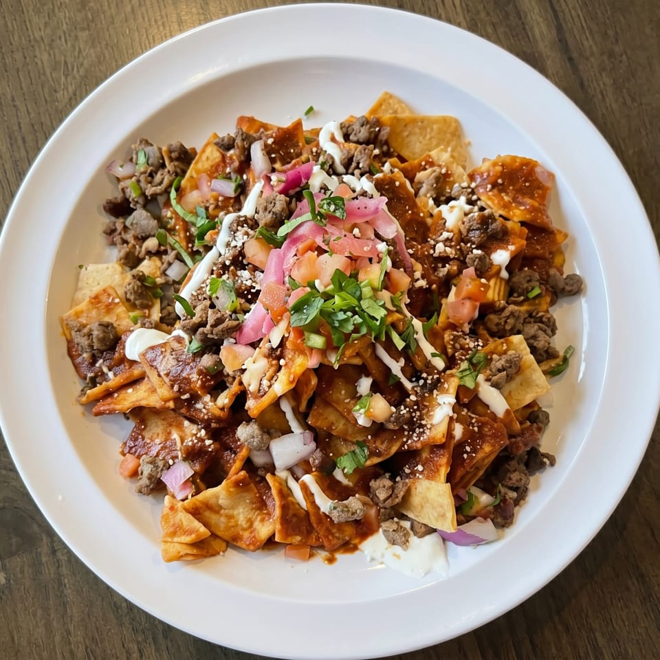 A plate of chilaquiles with red sauce, ground beef, sour cream, pickled onions, and cilantro.