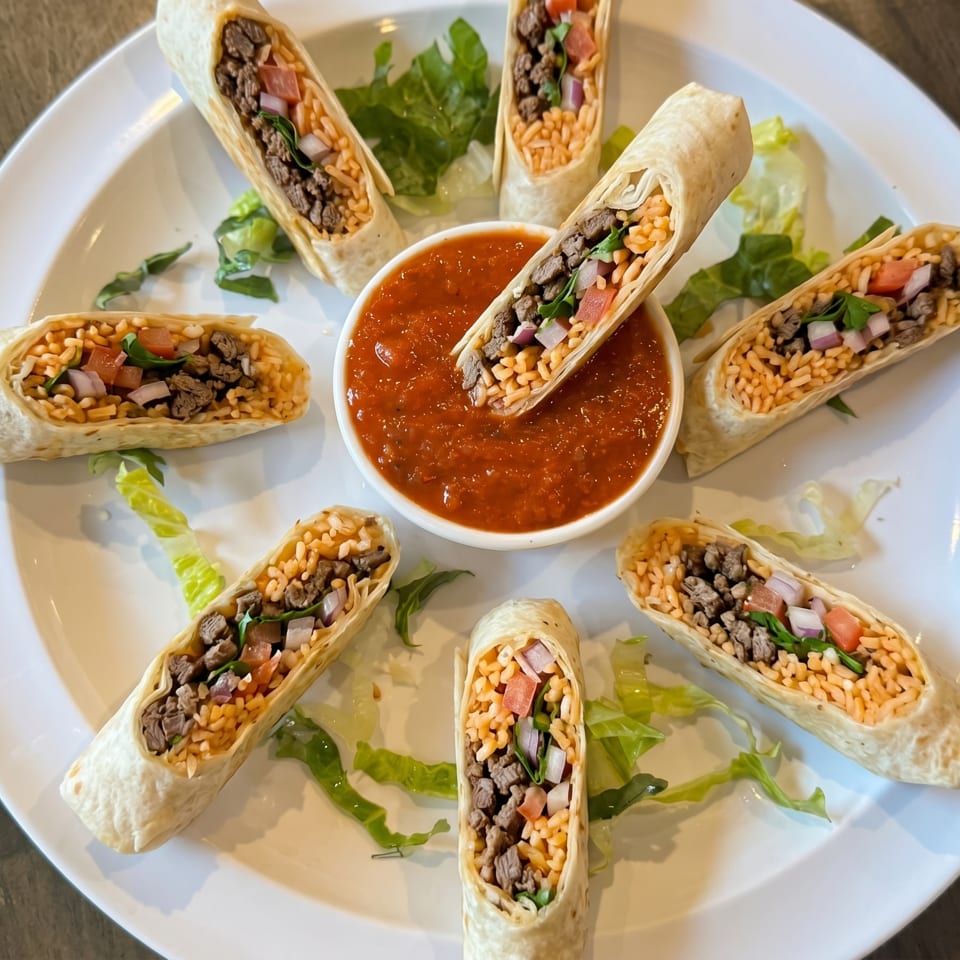 Seven mini burritos filled with meat, rice, and vegetables, arranged around a bowl of salsa.